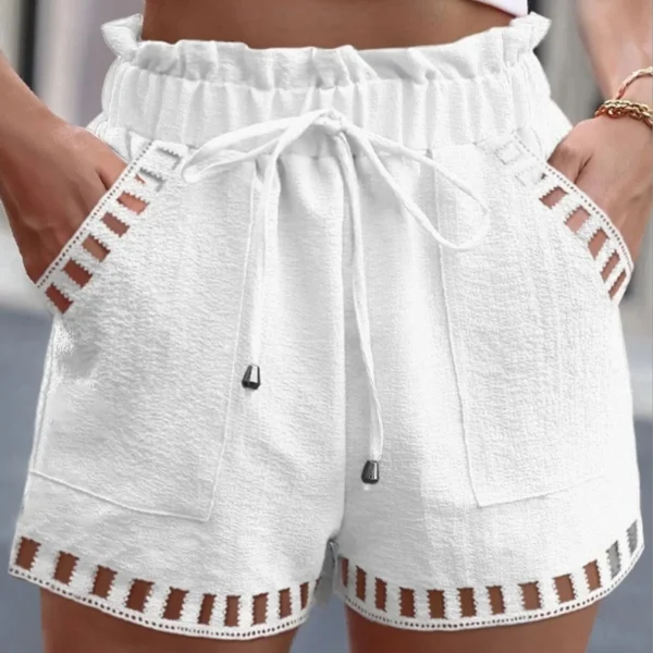 Cotton Linen Shorts Women'S Pants Solid Color Thin Hollow Out Design Trim Pocket Tight Waist Shorts Beachwear White Clothes 1