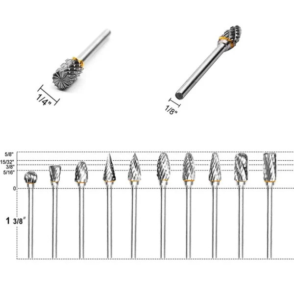 New 10 pcs 1/8" Shank Tungsten Carbide Milling Cutter Rotary Tool Burr Double Diamond Cut Rotary Dremel Tools Electric Grinding 2