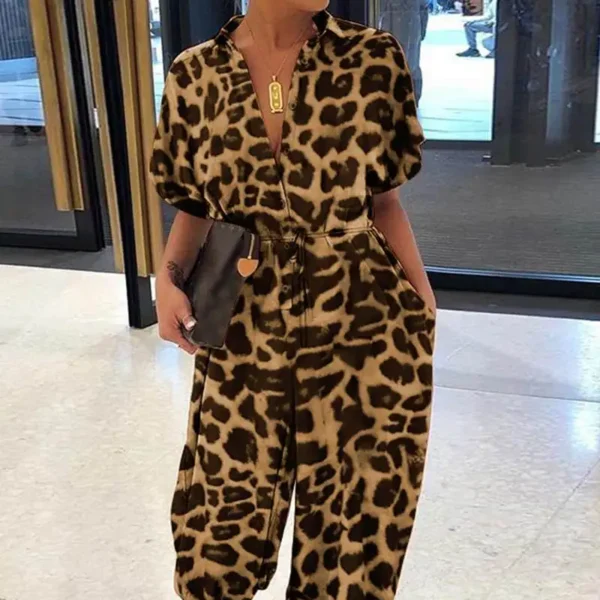 Leopard Printed Jumpsuit Women 2023 Summer New Short Sleeves Leace-up Pocket Casual Jumpsuits Fashion Vintage Ladies Bodysuits 2