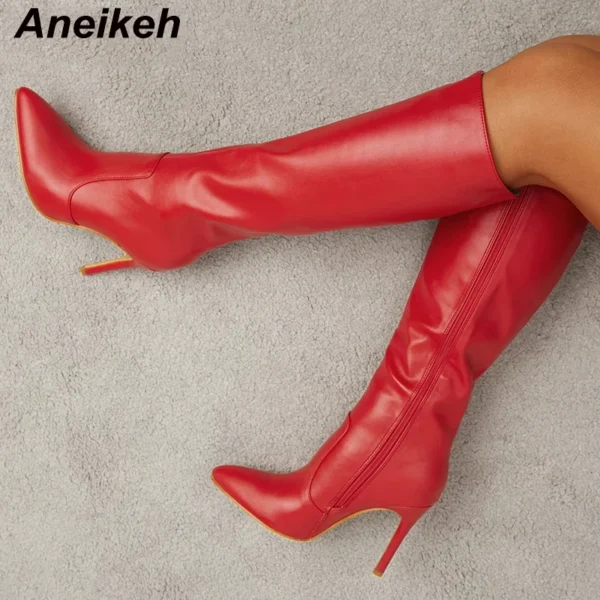 Aneikeh Women's Fashion Elegant Pointed Thin Heel Knee High Long Boots2024 Spring/Autumn PU Panel Side Zipper Boots Western35-42 5