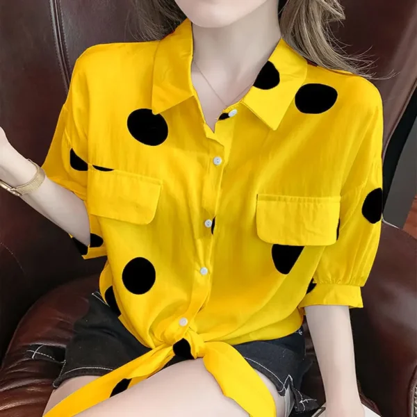 Fashion Lapel Loose Bandage Bow Polka Dot Shirt Women's Clothing 2023 Summer New Oversized Casual Tops Half Sleeve Korean Blouse 1