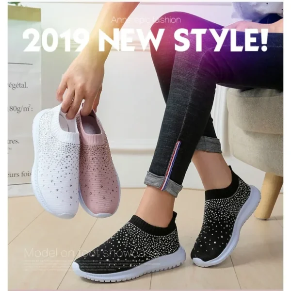 Women's Mesh Walking Shoes Rhinestone Glitter Slip On Ballroom Jazz Latin Dance Sock Sneakers Tennis Female Knitted Running Shoe 2