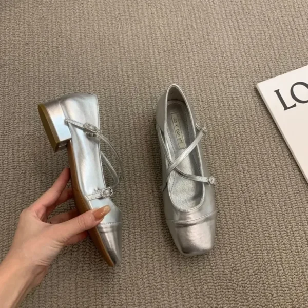 Mary Jane Pumps Chunky Heel Silver Square Toed Single Women's Shoes 2024 New Spring Belt Buckle Shoes for Women Zapatos De Mujer 1