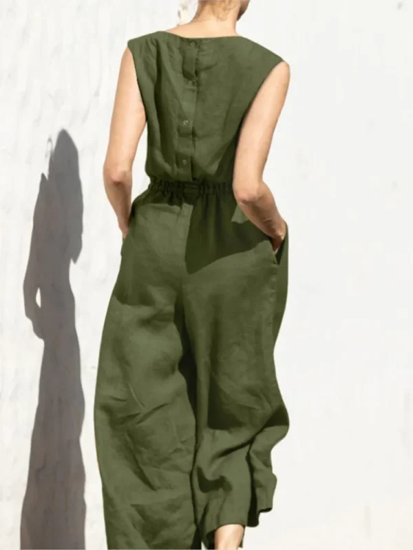 Cotton And Linen Jumpsuit Women Solid Color Sleeveless Pocket High Waist Wide Legs Jumpsuits Casual Commuting Ladies Bodysuits 2