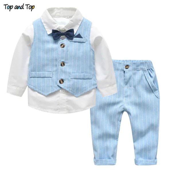 Top and Top Spring&Autumn Baby Boy Gentleman Suit White Shirt with Bow Tie+Striped Vest+Trousers 3Pcs Formal Kids Clothes Set 1