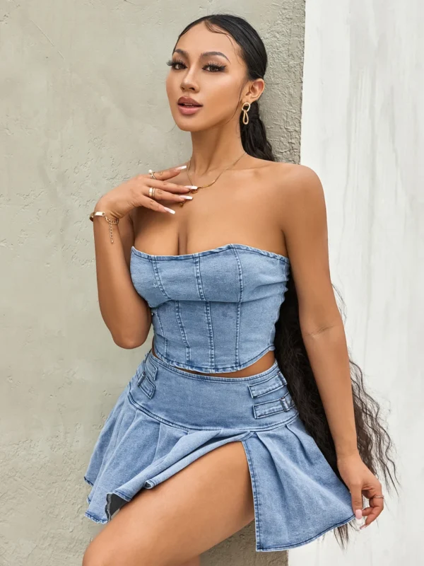 Women's Summer 2PCS Outfit Sets Solid Color Sleeveless Off Shoulder Zipper Bandeau + Pleated Denim Skirt 4