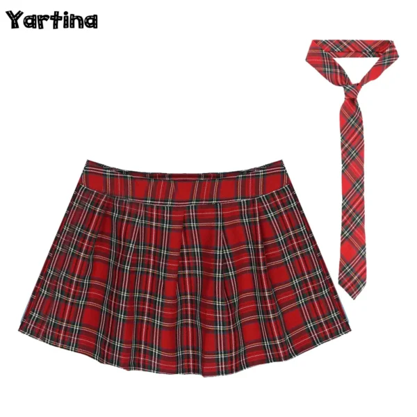 Womens Japanese Schoolgirls Uniform Skirts Cosplay Costume Fancy Dress Ball Outfit Zipper Plaid Pleated Mini Skirt with Necktie 1