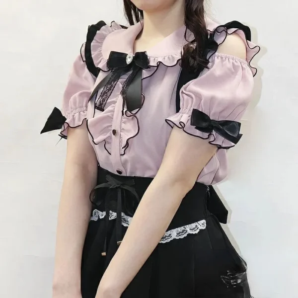 Sweet Lolita Fashion All Match Blouses Women Japanese Summer Y2k Aesthetic Ruffled Bow Shirts Girly Kawaii Off-Shoulder Tops 1