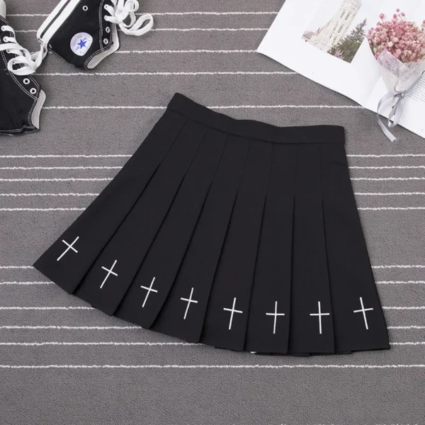 Women Harajuku Sweet Fresh Feeling High Waist Pleated Skirt Elastic Waist Cross Embroidery Skirt Pleated Skirt 1