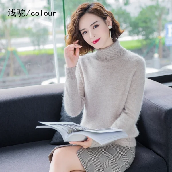 2021 Fall/Winter 100%Pure Mink Cashmere Sweater Women High Lapel Knit Pullover Wild Warm Solid Color Plus Size Short Base Shirt 3