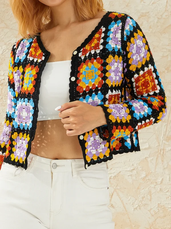 Crochet Cardigan for Women Retro Colorful Square Print Long Sleeve V-Neck Knit Sweater Button Hollow Out Jumper 5