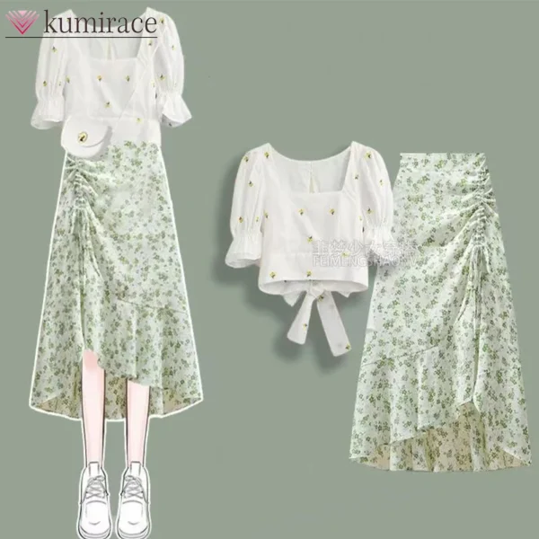 A Complete Set of Summer Outfits for the 2024 New Oversized Women's Floral Lace Up Top, Slimming Half Skirt Two-piece Set Dress 1