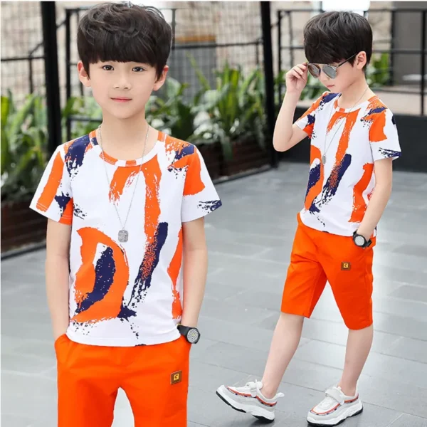 Children clothes Boys Clothing Sets Summer Cotton Teenage Kids  Suit For 4 6 8 10 12 14 Years Short Sleeve Shirt Shorts Set 2