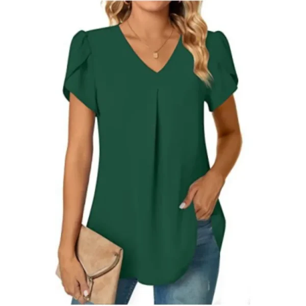 Elegant Women's Top Blouse Flower 2023 Summer Fashion Simplicity Short Sleeve Solid V-Neck Commuter Office Female Shirt S-XXL 4