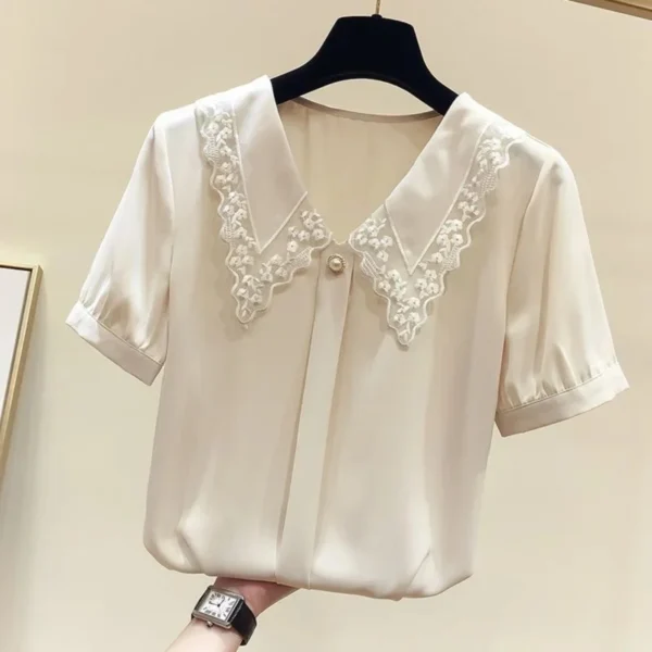 Women Spring Summer Style Blouses Shirts Lady Casual Short Sleeve Peter Pan Collar Blusas Tops 6