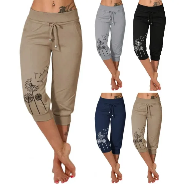 Women Cropped Pants  High Waist Elastic Waistband Drawstring Pockets Dandelion Print Women Casual Sport Pants Streetwear 1