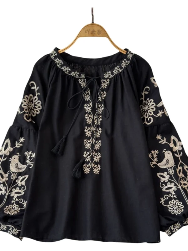 EWQ Embroidered Design Loose Blouse Women Lace-up Collar Lantern Sleeves Fashion Tops Bohemian Style 2024 Summer New 27C238 5