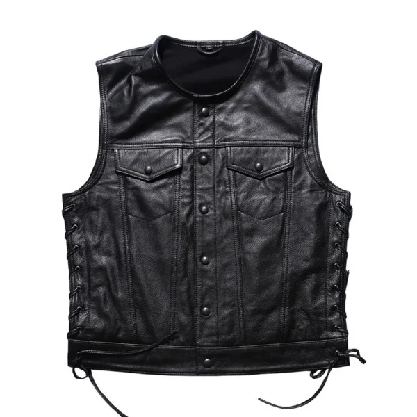 2024 New Spring Men Geniune Cowhide Leather Coats Fashion Casual Black Motorcycle Fleet Punk Vest Jackets Drawstring Hem Vests 1