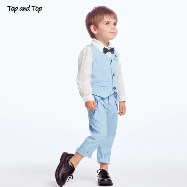 Top and Top Spring&Autumn Baby Boy Gentleman Suit White Shirt with Bow Tie+Striped Vest+Trousers 3Pcs Formal Kids Clothes Set 4