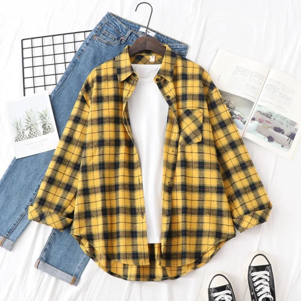 2023 New Women Long Sleeve Shirts Red and Black Flannel Plaid Shirt Tops Brand Casual Loose Female Check Blouses Clothes 5