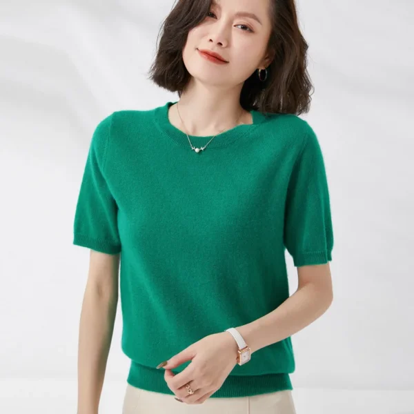 Spring and Summer New Short-sleeved Women O-neck Slim Wool Cotton Blend Pullover Vest T-shirt Knitted Base Sweater 4