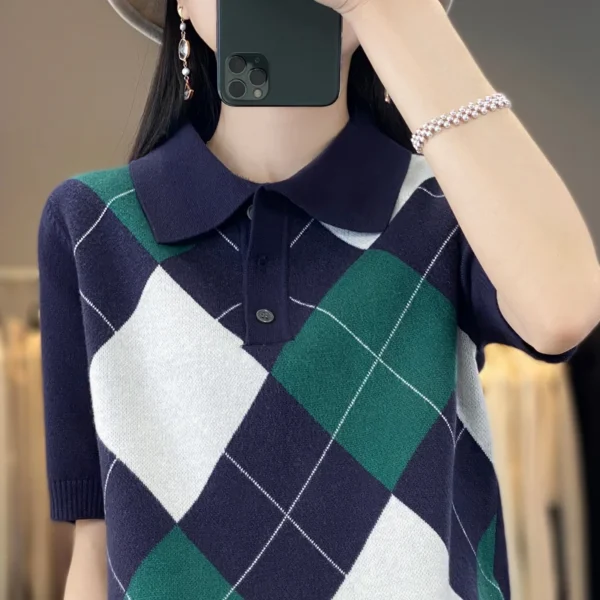 Spring Wool Contrast Rhombic Knitted Short-Sleeved Vest Color Matching POLO Collar Joker Loose Lazy Coat Half Sleeve Woman 2