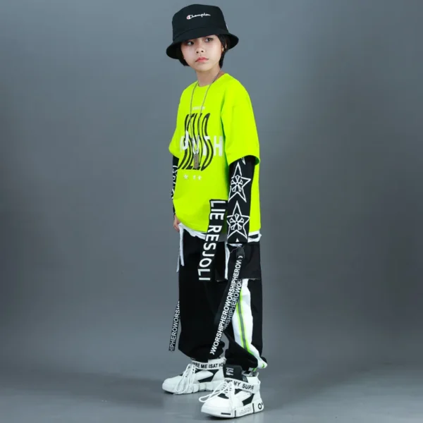 Kids Fashion Hip Hop Clothing Oversize Green Hoodie Streetwear Black Cargo Shorts For Girls Boys Jazz Dance Costume Clothes 2