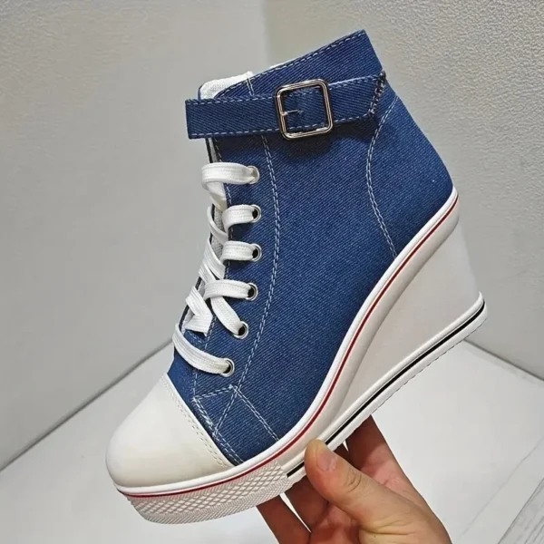 High Top Canvas Women Wedge Shoes Women's Denim Ankle Lace Up Ladies Ankle Canvas Shoes Woman 8cm Heels Sneakers 6