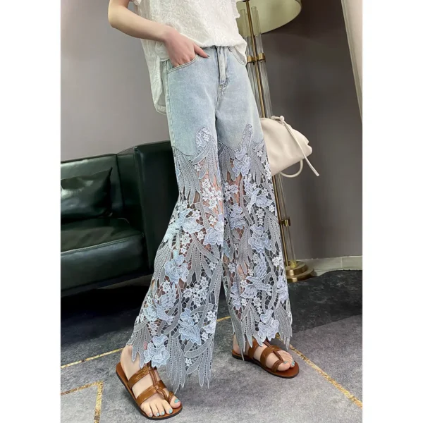 2023 Summer New Vintage Flower Hollowed-out Jeans Cool Pants Women's Pants Loose Street Casual Trousers 3