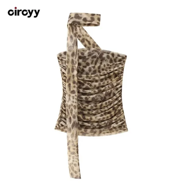 Circyy Leopard Print Crop Top Women Tulle Tops Y2k Ruched Tops Sexy Backless Sleeveless Summer Pleated Beach Halter Top 2024 1