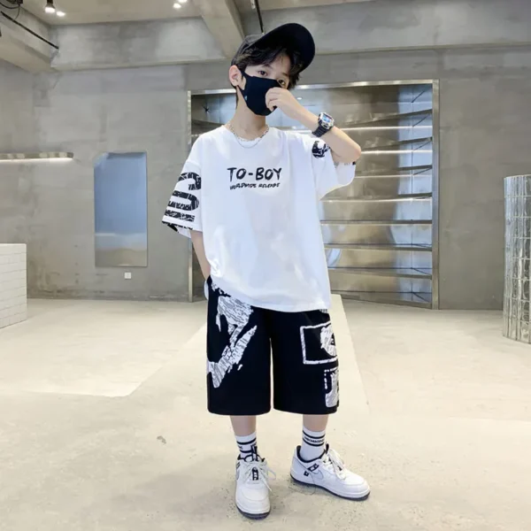 Boys Summer Trendy Casual Sports 2pcs T-shirts+Pants Suits 3-14 Years Teenage Boys Hip Hop Style Fashion Outfits Clothes Sets 1