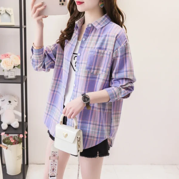 2023 New Women Long Sleeve Shirts Red and Black Flannel Plaid Shirt Tops Brand Casual Loose Female Check Blouses Clothes 2