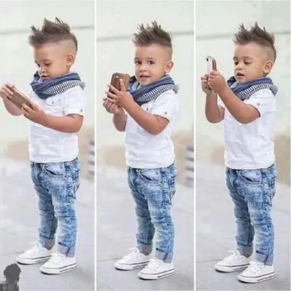 2024 Summer Boys Outfits Set 3Pcs Kids Random Cool Clothes Toddler T-Shirt + Jeans + Scarf Fashion Suits Children's Clothing Set 1