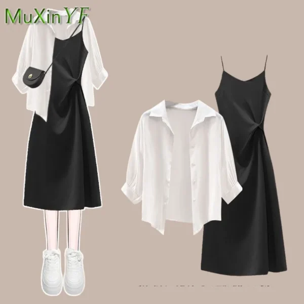 Women's Summer Dress Matching Set 2023 New Fashion Chiffon Sunscreen Shirt Slip Skirt Two-piece Korean Elegant Chic Blouse Suit 2