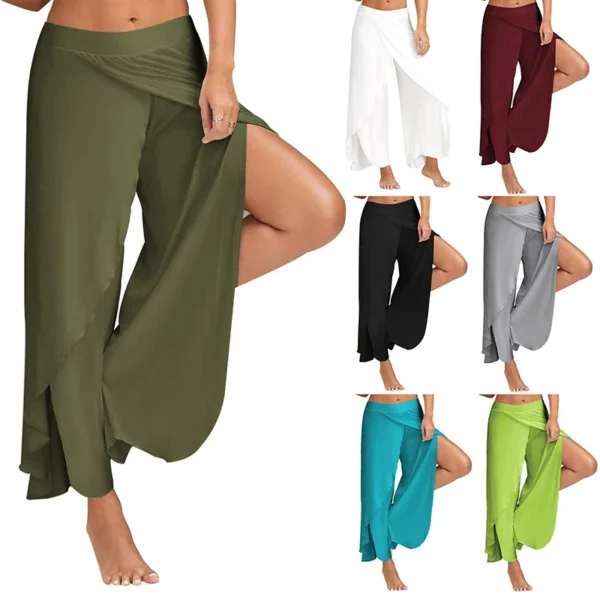 Women Wide Leg Pants Yoga Split Trousers Female Elastic Wasit Casual Loose Fitness Open Leg Pants Solid Color Harem Pants 4