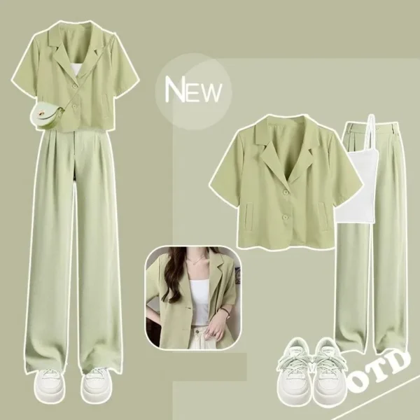 Women's Summer Suit 2023 New Chic Short Sleeved Suit Coat+Sling+Pants Three Piece Korean Elegant Casual Blazer Matching Suit 1