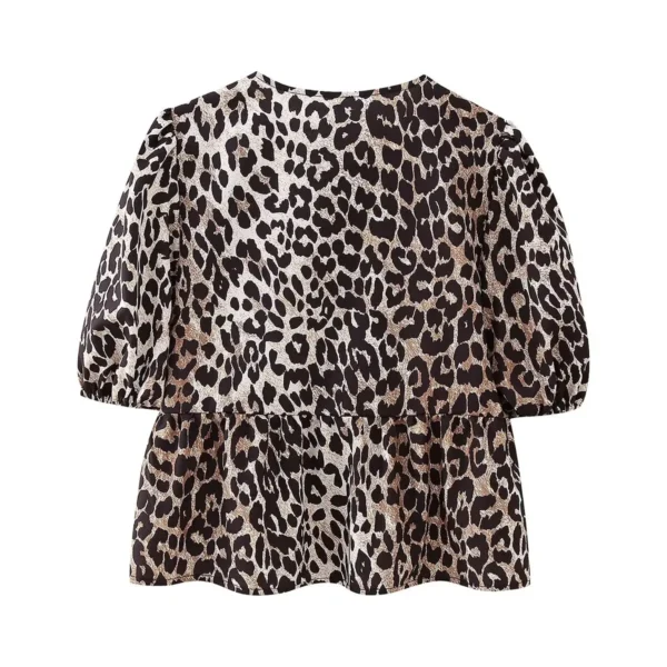 Summer Shirt With Strap Lace-up Leopard Blouse Puff Sleeve Crop Top Women's Summer Clothing 4