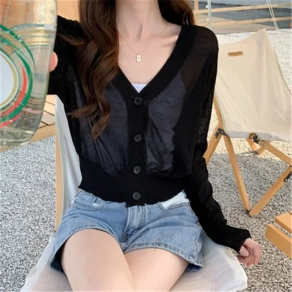 Korean Cardigan Women Thin Summer Casual Solid Feminino Sun-proof All-match Knitted V-neck Sweet Style Candy Color Basic Daily 6