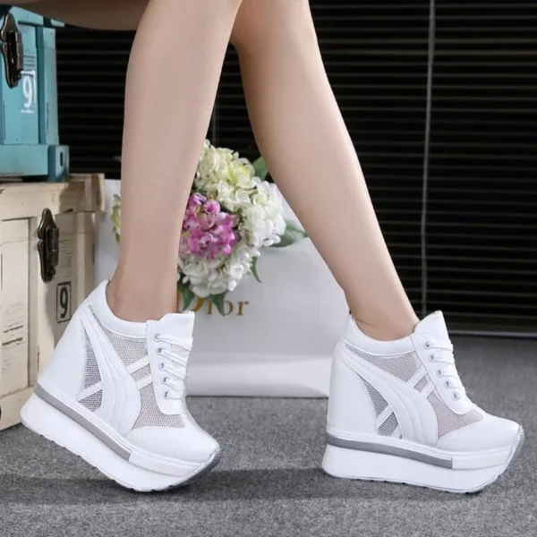 2024 New Classic Women Mesh Platform Sneakers White Shoes 10CM High Heel Wedges Outdoor Breathable Casual Shoes Autumn Round Toe 6