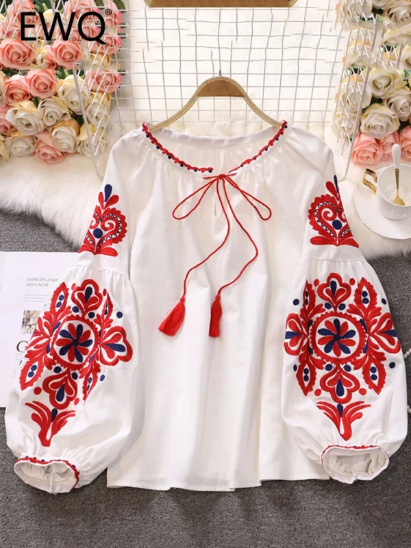 EWQ Sweet Style Women Pullover Shirts Embroidery Patchwork Bandage V-neck Lantern Sleeve Spring Summer 2023 New Blouse SN0452 1