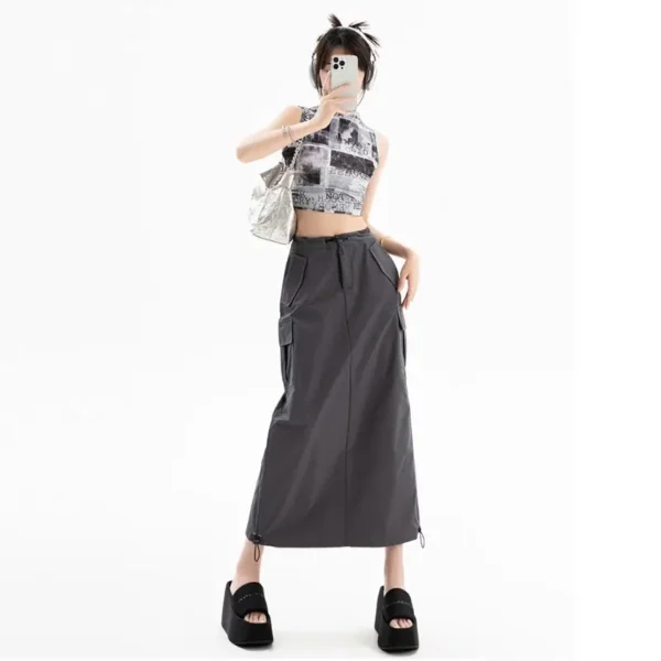 American Retro Cargo Skirt for Women Summer Slit Design Drawstring High Waist Mid-length Skirt Y2k Streetwear Fashion Clothing 6