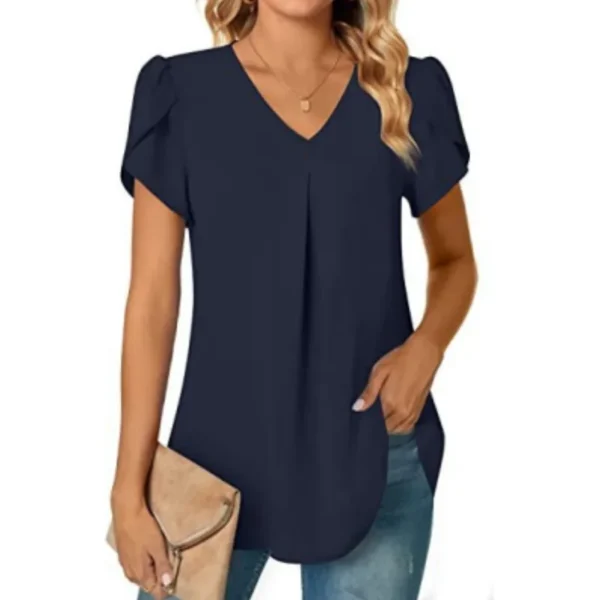 Elegant Women's Top Blouse Flower 2023 Summer Fashion Simplicity Short Sleeve Solid V-Neck Commuter Office Female Shirt S-XXL 6