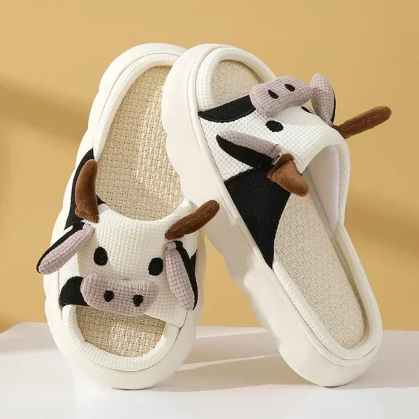 Four Seasons Universal Indoor Home Cotton Linen Sandals Cute Cartoon Cow Linen Slippers Non-slip 4