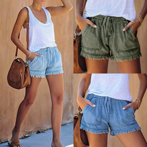 Fashion Women’s Washed Denim Shorts Summer Casual Drawstring Elastic Waist Frayed Hem Loose Short Jeans Oversized XXL Shorts 3