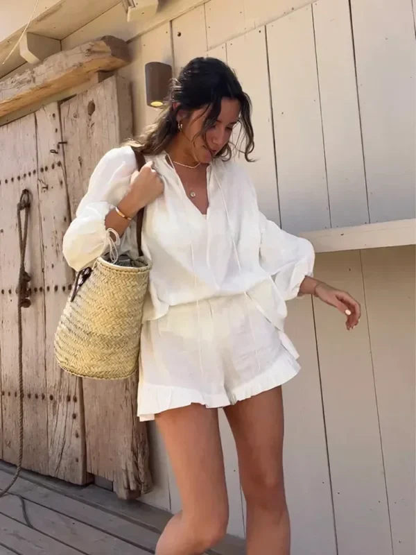 White V-neck Long Sleeve Lace Up Blouse Shorts Sets Women Lace Up Shirt Elastic Waist Shorts Suit Summer Casual Vacation Outfits 3