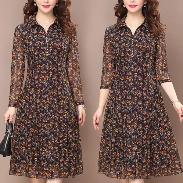 Long Sleeve Dress Women Floral Print Elegant Turndown Collar Summer Female Clothing Slim All-match Casual Button Midi Dress Robe 5