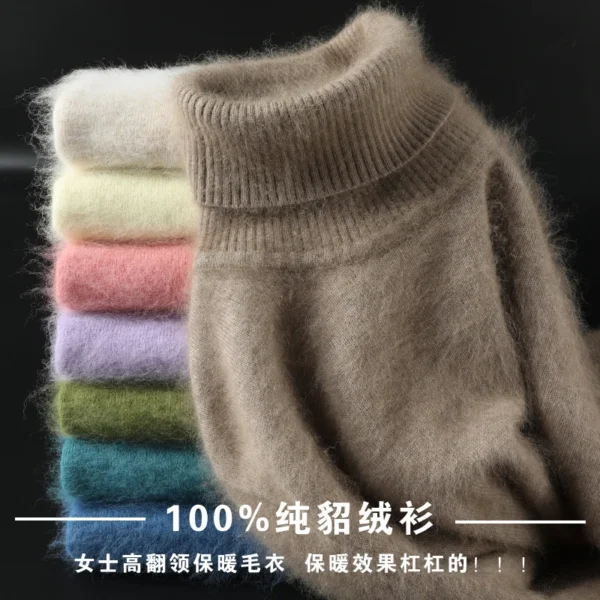 2021 Fall/Winter 100%Pure Mink Cashmere Sweater Women High Lapel Knit Pullover Wild Warm Solid Color Plus Size Short Base Shirt 1