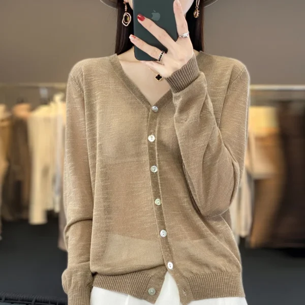 Summer Sunscreen Ice Silk Cardigan Women's V-Neck Long Sleeve Loose Knitted Top Solid Transparent Cardigan Air Conditioned Shirt 5