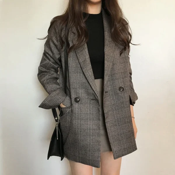 Women Winter Plaid Blazers Coats Korean Fashion Elegant Solid Thick Jacket Female Double Breasted Office Lady Long Overcoat 1