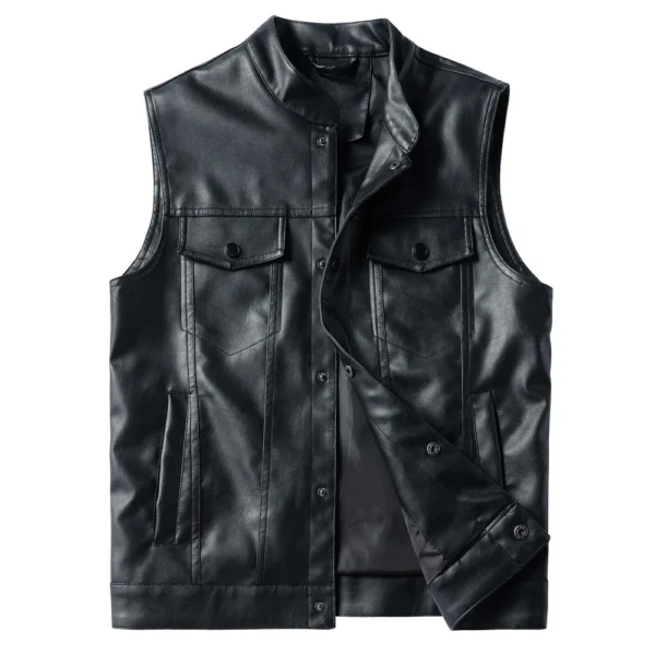 Mens PU Casual Work Waistcoat sleeveless Slim Motorcycle Windbreaker Mens leather Jacket Vest 1